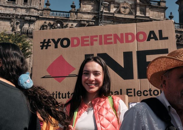 Mexico City, Mexico - February 26th, 2022:  smiling woman in at a protest