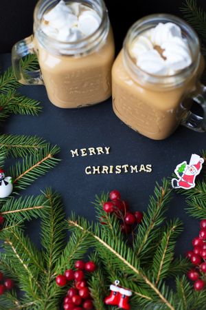 marshmellou hot cocoa trees in the background. The inscription Merry Christmas