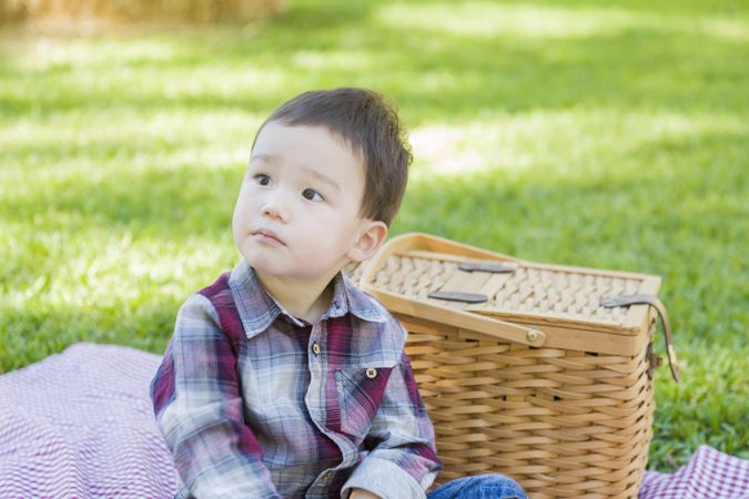 Biracial Boy Sitting in Park Near Picnic Basket