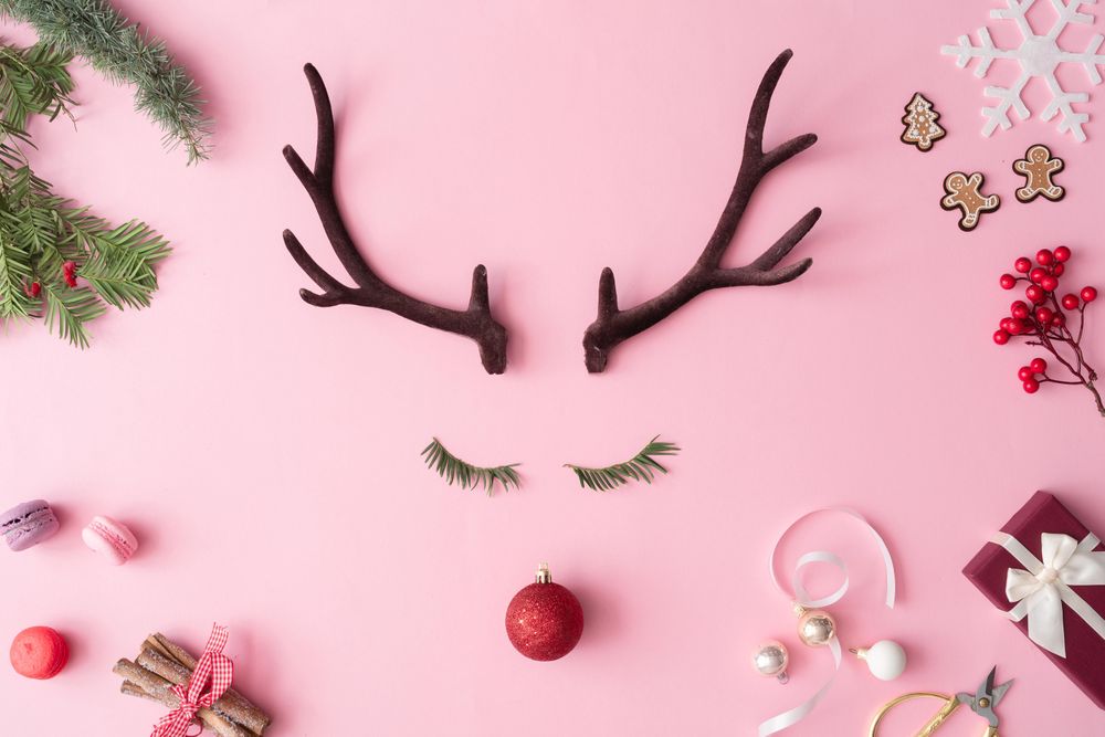 Reindeer face made of evergreen fir eyelashes, red bauble decoration and antlers on pink background