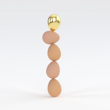 3D render of brown eggs with one golden egg and light background
