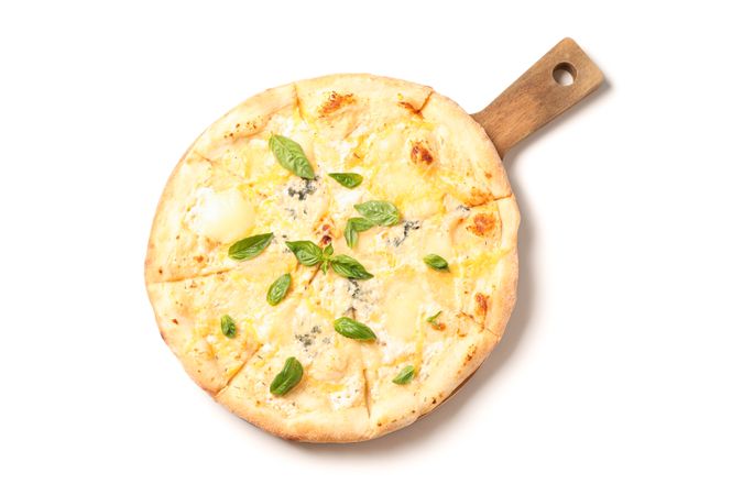 Cutting board with cheese pizza isolated on blank background