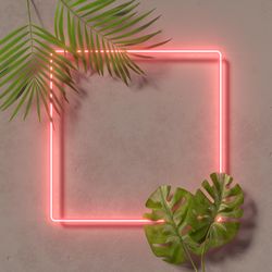 Fluorescent coral square frame with tropical leaves