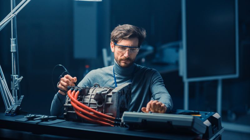 Professional Automotive Engineer in Glasses with a Computer and Inspection Tools is Testing an Used Electric Engine in a High Tech Laboratory with a Concept Car Chassis.