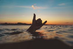 Hand with shaka gesture between water surface and sky at sunset
