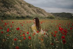 Woman sitting in field with poppies and daisies