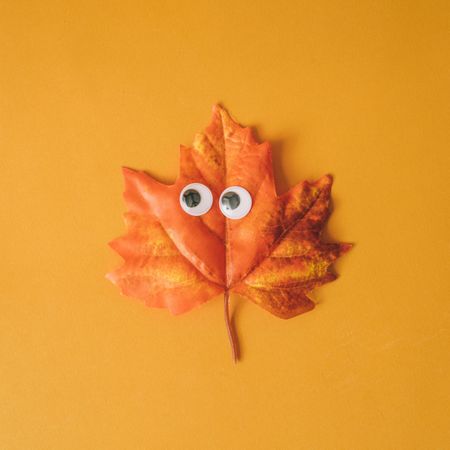 Halloween maple leaf with googly eyes and orange background