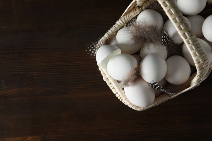 Concept of fresh and natural farm product - eggs, space for text
