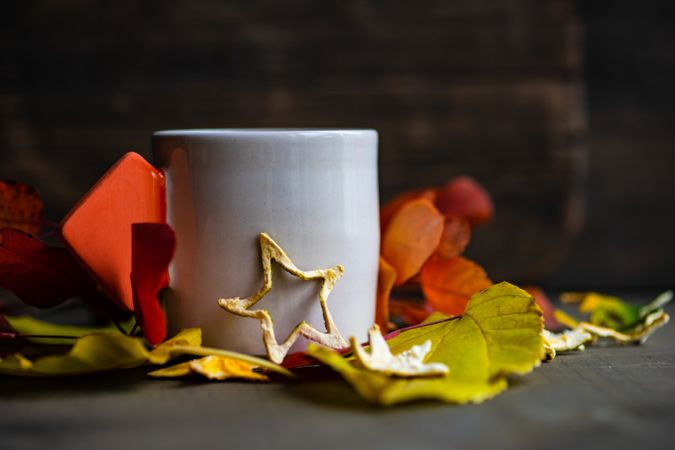 Side view of hot beverage in a mug surrounded by fall leaves and star decoration