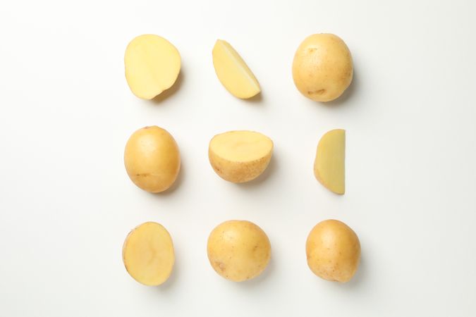 Looking down at potato wedges arranged in a square