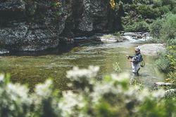 Confident man fishing with rod while standing in river stream