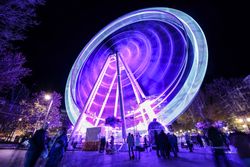 Purple lit ferris wheel with people walking around park