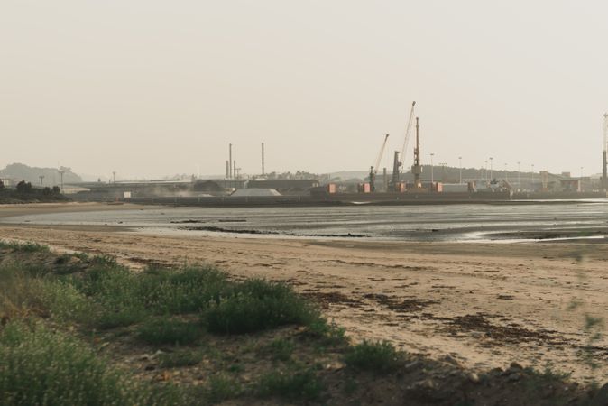 Industrial landscape with sea bay and port cranes