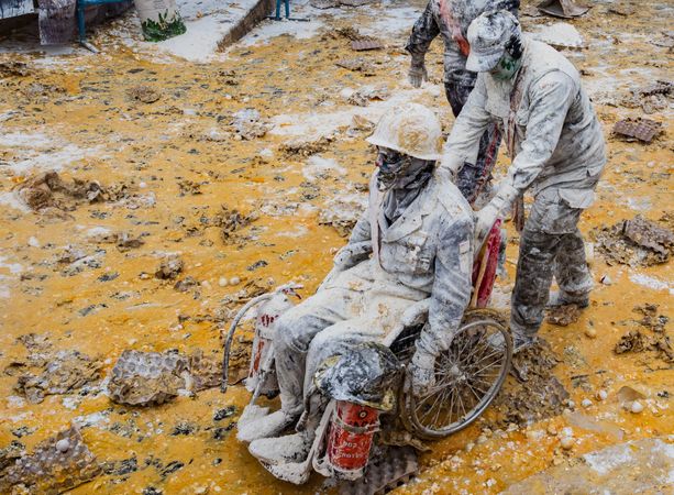 Ibi, Spain - December, 28 2018: People throwing eggs and flour at each other