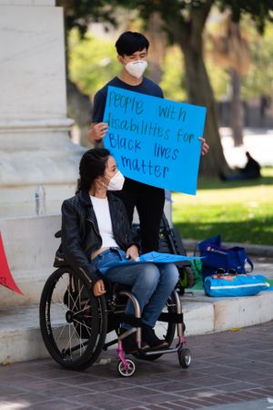 Los Angeles, CA, USA — June 16th, 2020: woman in wheelchair at protest rally