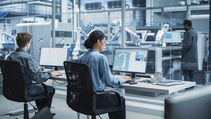 White Male Programmer And Hispanic Female Assembly Line Operator Using Desktop Computers At Modern Factory With Robotic Arms.