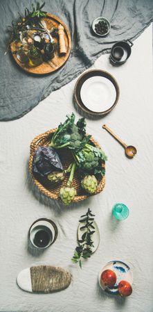 Flat-lay of spring table setting, vertical