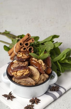 Dates fruits with walnuts, mint and cinnamon for Ramadan