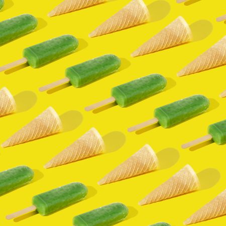 Rows of ice cream cone and green ice pops