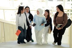 Five Asian College Student Classmate walking on Campuss Stairs