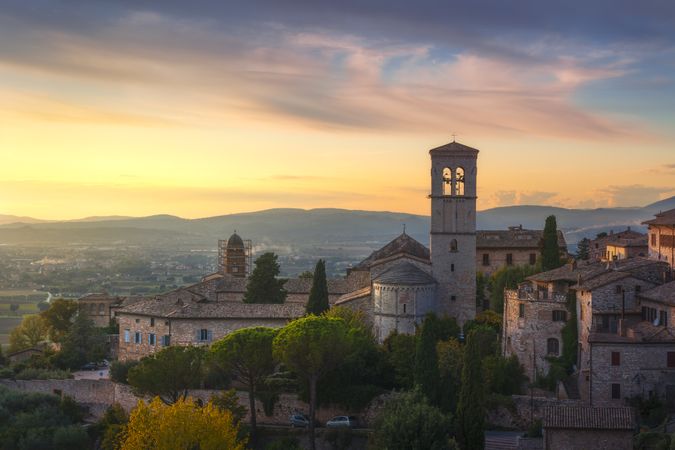 Assisi town at sunset