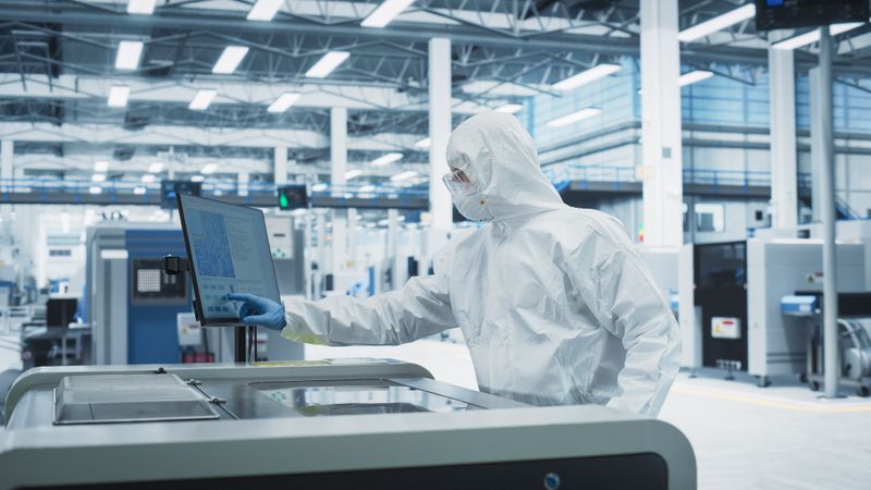 Scientist in hazmat protective suit touching screen in lab