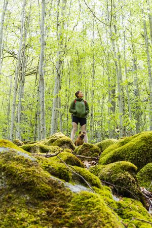 Traveling woman with dog hiking in rocky forest