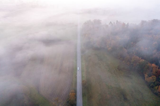 Single lane road through a foggy forest at sunrise, drone aerial image