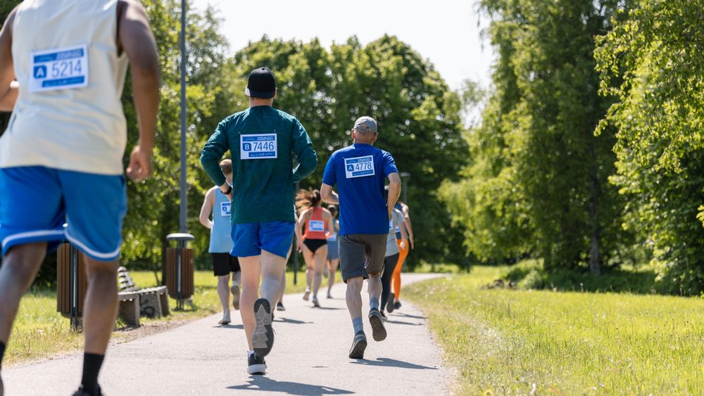 Back View of Diverse Marathon Participants Competing in a Race for the Finish Line: Group of People Running Through Park Health Trail and Participating in a Marathon with Dedication