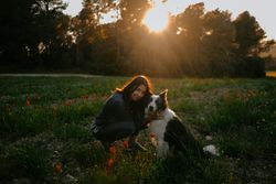 Woman kissing dog on meadow