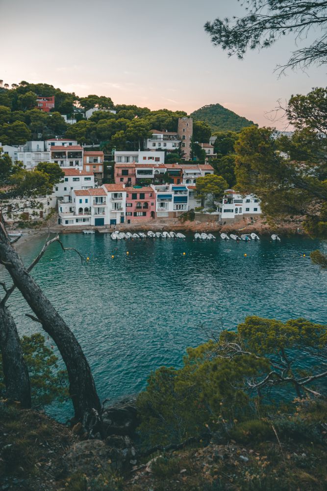 Sailboats on sea water against houses on rocky shore