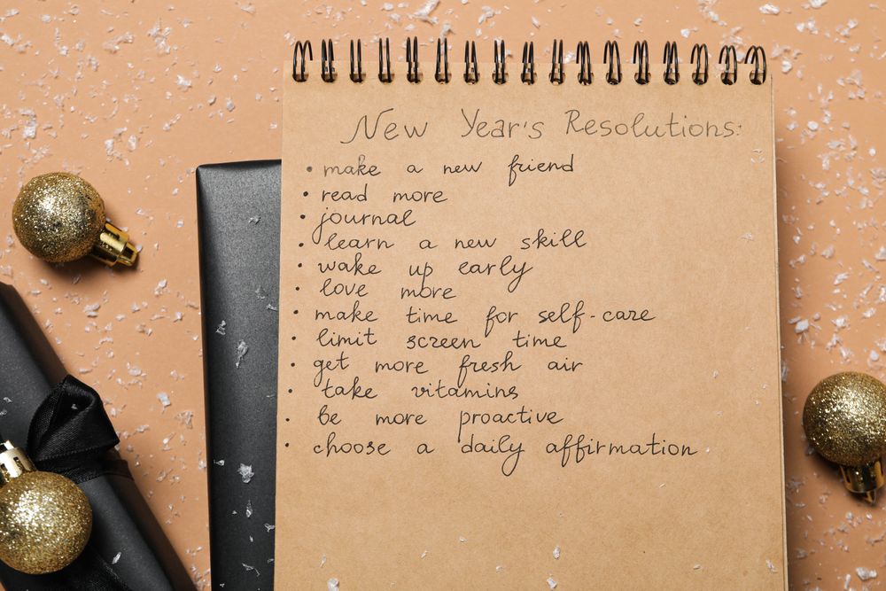 Concept of New Year Resolutions list, new year goals, top view