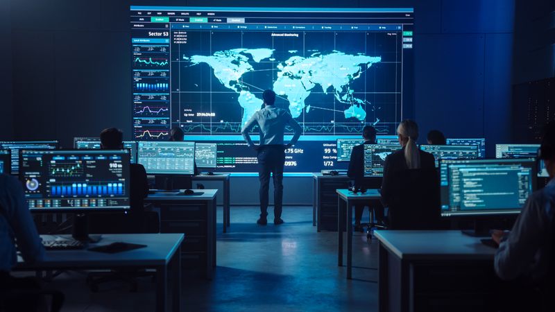 Global Operations Center With Team Monitoring Worldwide Data. Supervisor Observes Giant World Map Display. Analysts Work at Stations With Multiple Screens Showing Real-time Information and Charts.