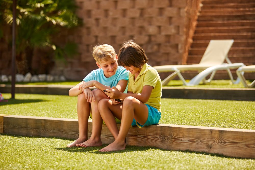 Cheerful boys browsing smartphone sitting on garden