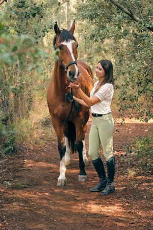 Young horsewoman feeding hose in forest