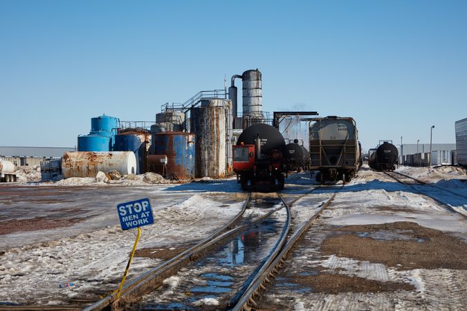 Rail yard on a snowy day in Worthington, Minnesota