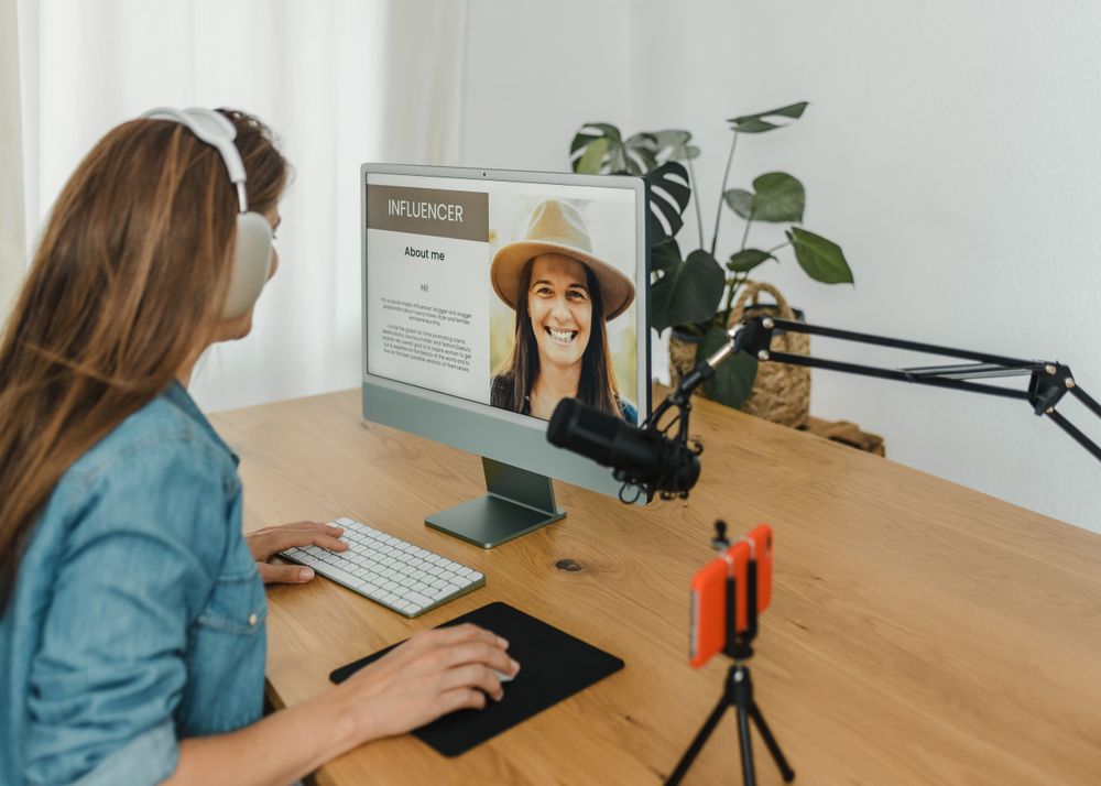 Female influencer using computer in recording studio