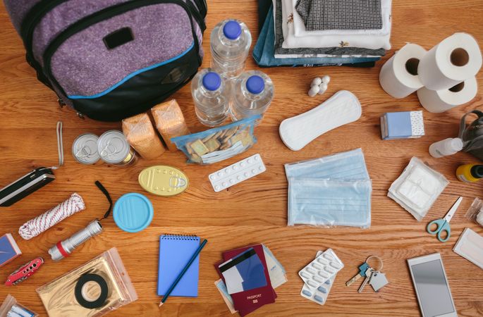 Top view of emergency backpack preparations