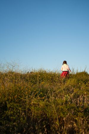 Back view of young girl in pink skirt climbing up a grassy hill