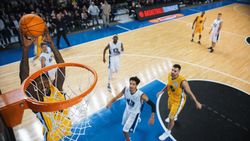Cinematic College Basketball Tournament: Two Young Successful Diverse Teams Play a Championship Match in Modern Arena.