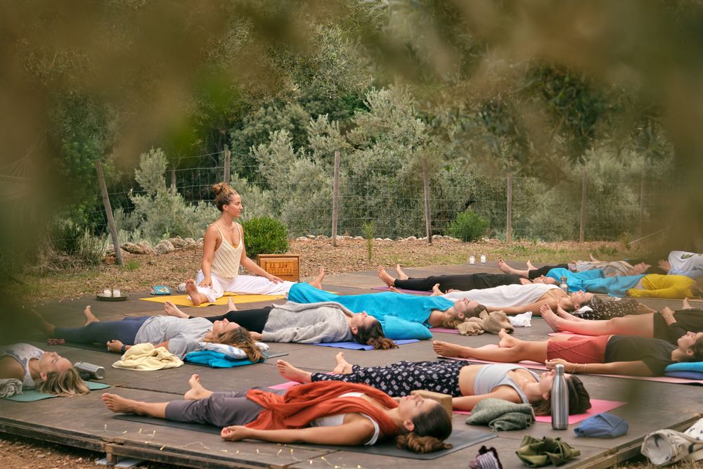 Group of females lying in forest while practicing yoga