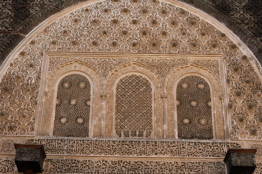 Facade of old stone building in Marrakesh, Morocco