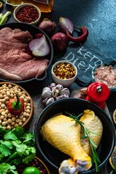 Pork & turkey surrounded by ingredients for dinner prep