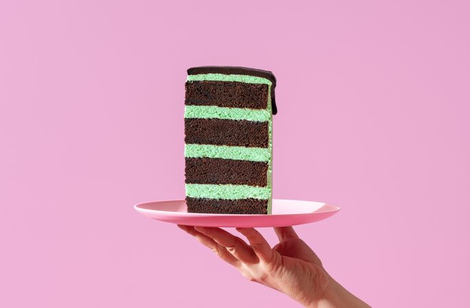 Layered cake slice on a plate, minimalist on a purple background