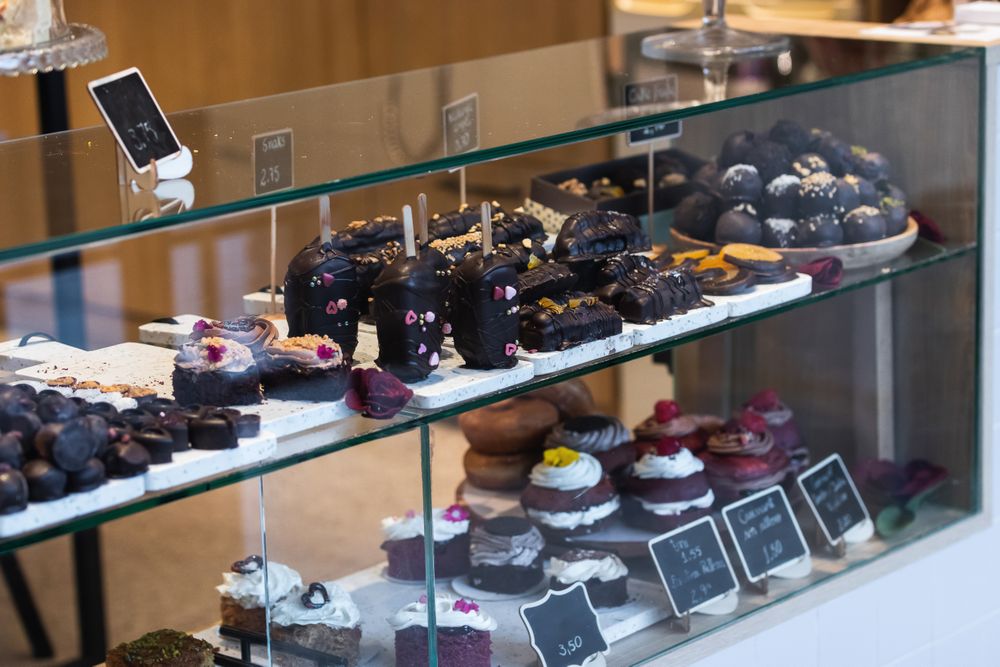 Various desserts on showcase in bakery