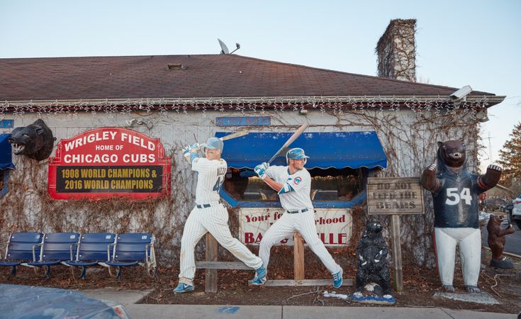 Baseball player cut outs, and a bear figure at the Getaway Grille and Cubbie Bar, Brigman, Michigan