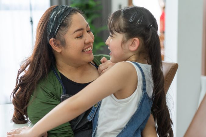 Mother being affectionate with child at home