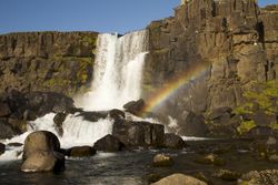 Rainbow at Langistígur Waterfall Iceland