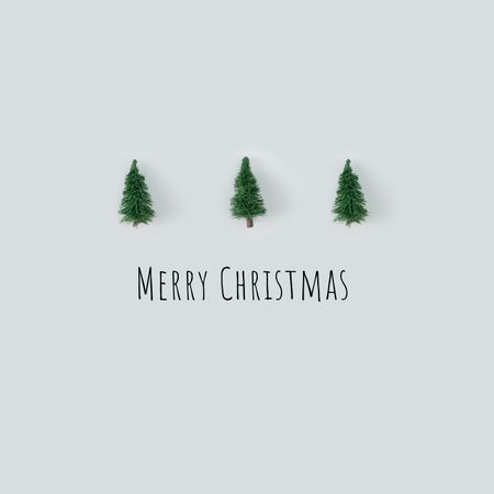 Row of Christmas trees on gray background with “Merry Christmas”