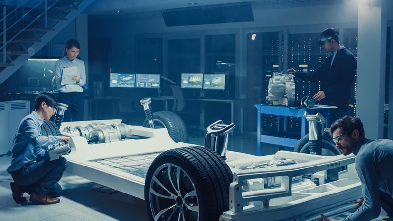 Automotive Design Engineers Work and Do Tests on Electric Car Chassis Prototype.
